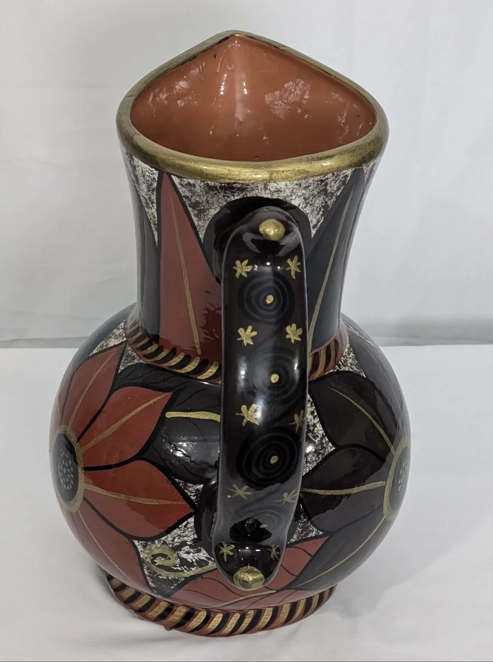 Vintage Postmodern Art Deco Floral Ceramic Pitcher Vase Black Gold